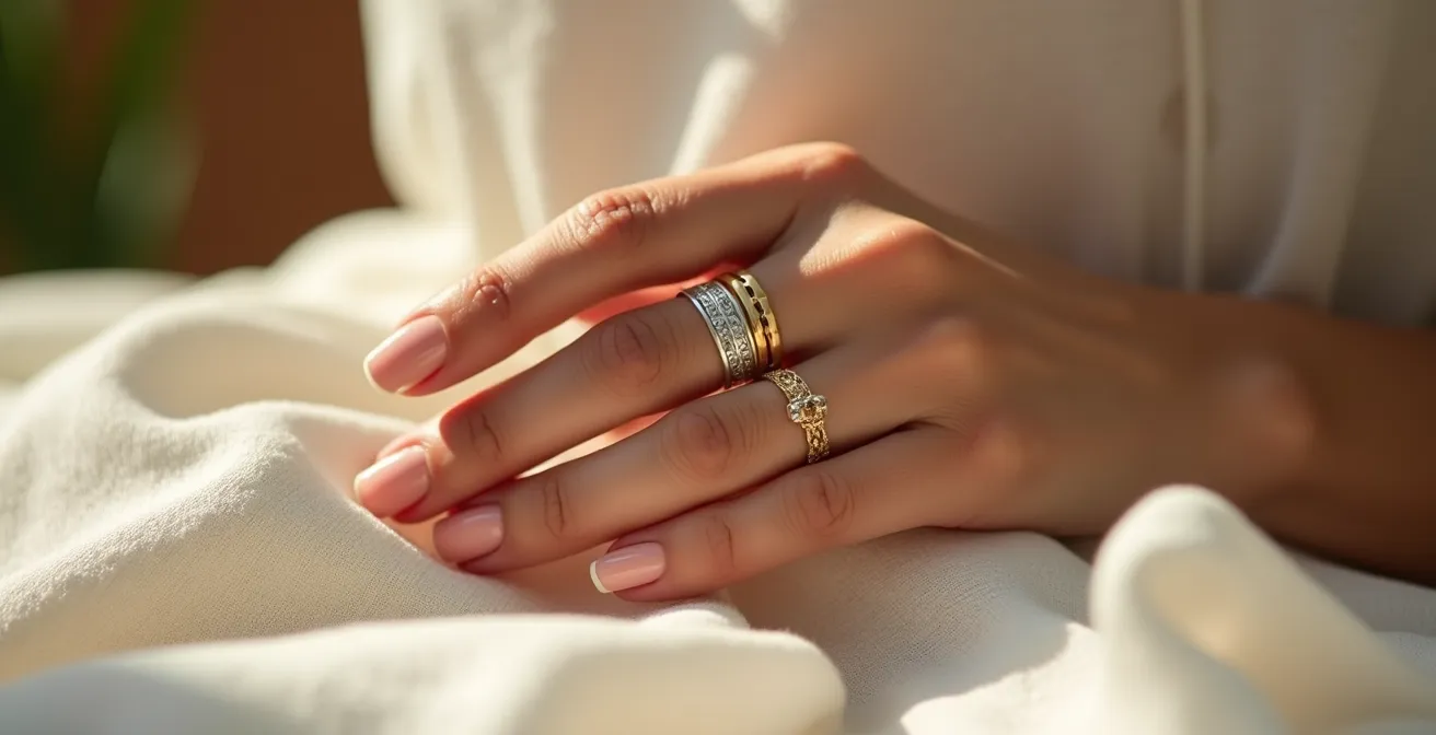 Mano femenina mostrando anillos de oro y plata para comparación de subtonos