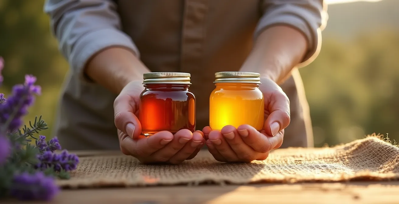 Bálsamos artesanales mostrando variaciones naturales de color según la cosecha