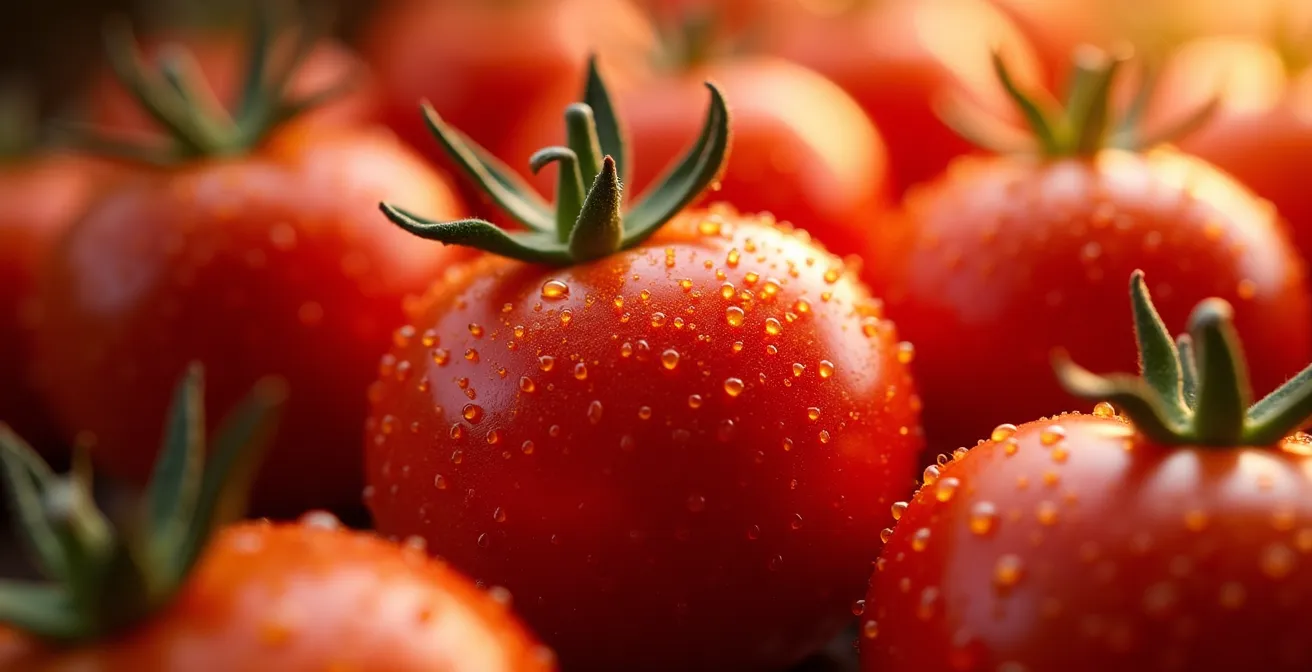Detalle macro de tomates maduros con gotas de agua bajo luz natural
