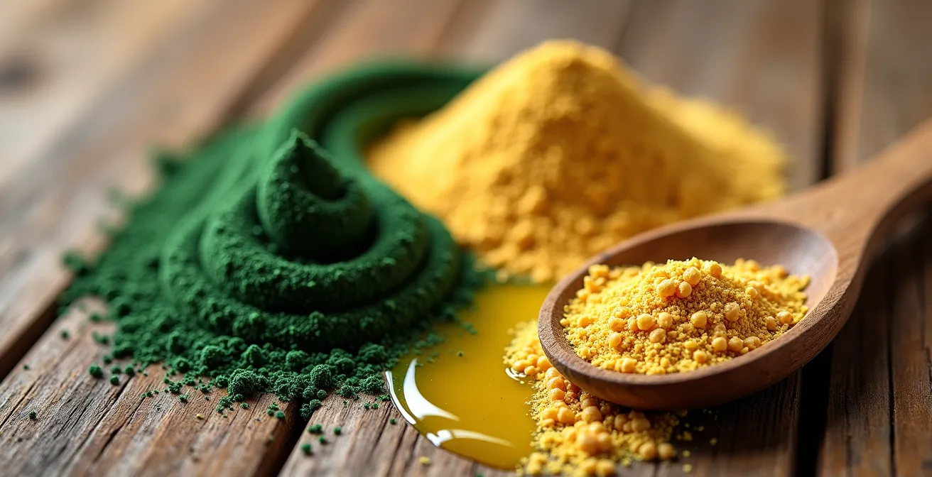 Ingredientes naturales para mascarilla capilar vegana sobre mesa de madera con texturas visibles