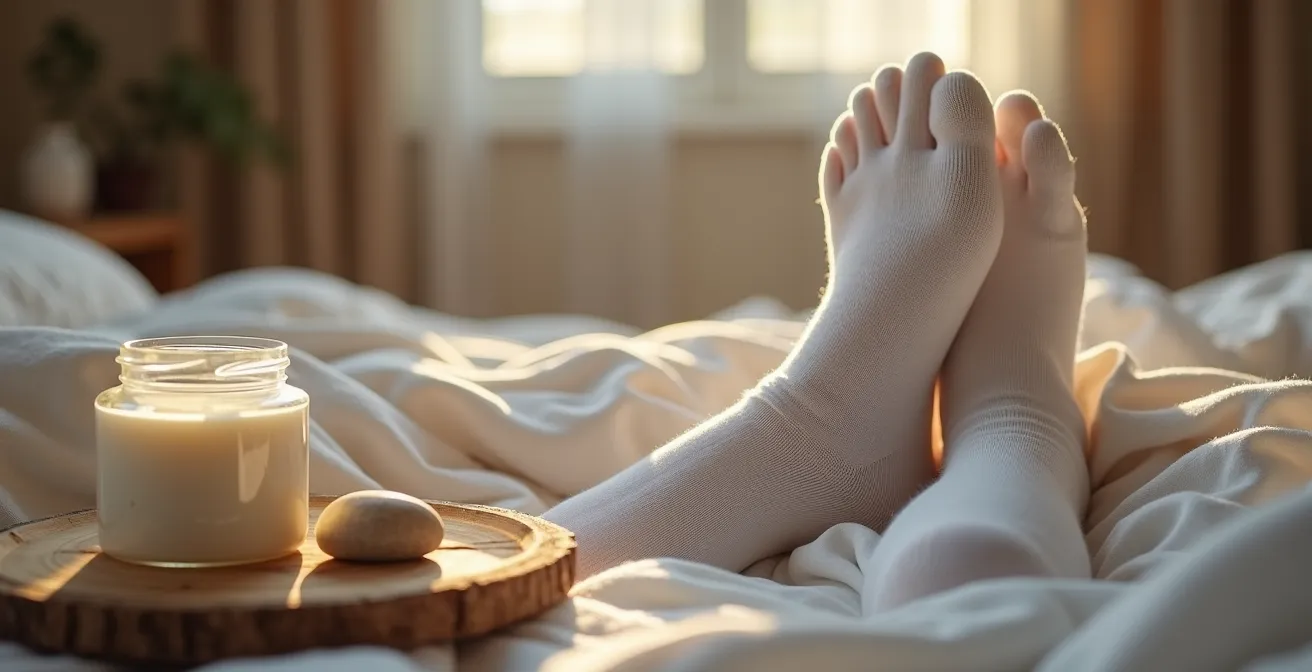 Detalle de pies con calcetines de algodón y productos hidratantes en mesilla de noche